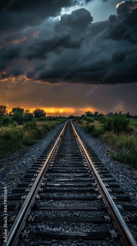 Fototapeta premium Railroad tracks at sunset under dramatic storm clouds, nature and travel concept