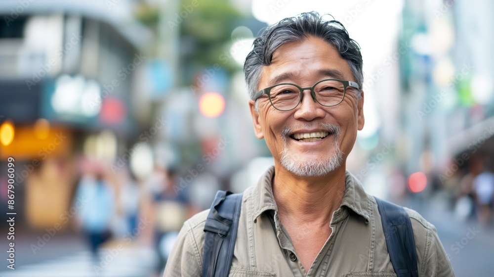 A mature Asian man with gray hair and glasses smiles brightly as he walks down a busy city street. He is wearing a light brown button-down shirt and a black backpack. A mature Asian man with gray hair and glasses smiles brightly as he walks down a busy city street. He is wearing a light brown button-down shirt and a black backpack.
