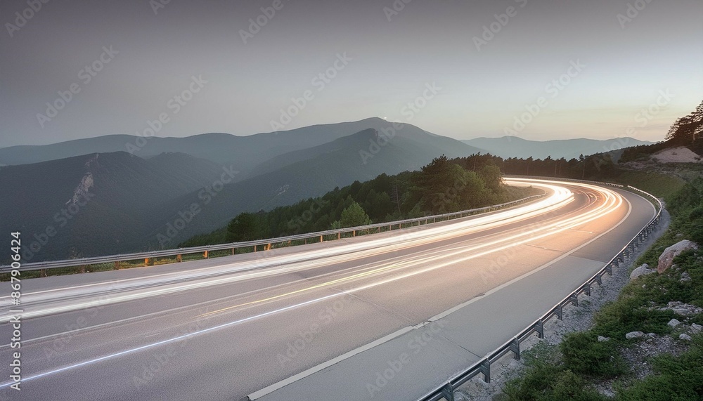 Fototapeta premium Curving light trails on a dark road captured with long exposure, illustrating the dynamic energy and speed of nighttime transportation and the vibrant glow of moving vehicles