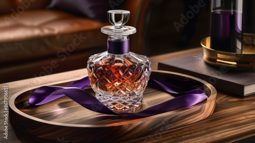 Elegant Crystal Decanter with Purple Ribbon on Wooden Tray in Cozy Setting