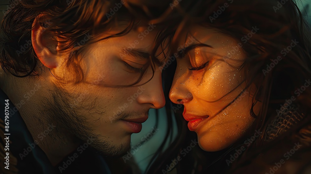 A young man and woman, both with their eyes closed, lean in close to one another. The man has a small smile on his face, A young man and woman, both with their eyes closed, lean in close to one another. The man has a small smile on his face,
