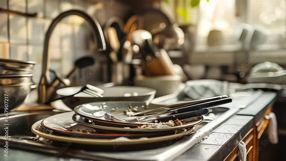 Metal sink full of dirty dishes, crockery, tableware Metal sink full of dirty dishes, crockery, tableware