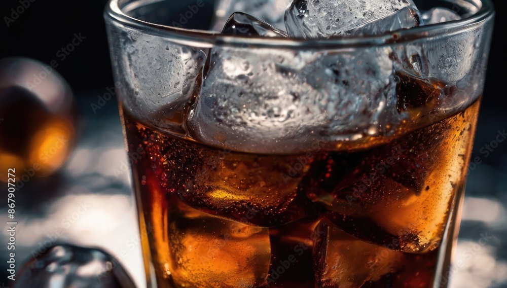 Close-up a glass of carbonated soda with ice cubes on the table Close-up a glass of carbonated soda with ice cubes on the table