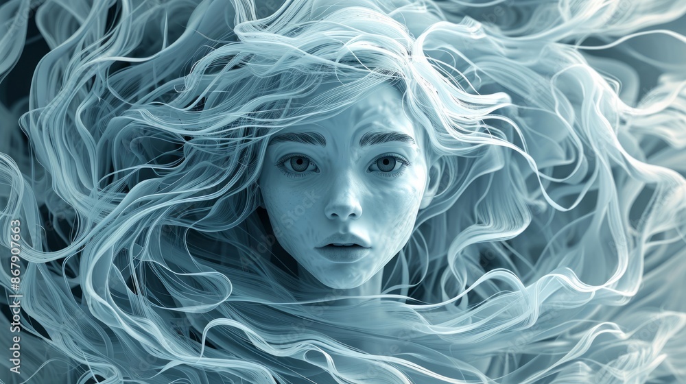 白く長い髪の女性ポートレート,Generative AI AI画像 白く長い髪の女性ポートレート,Generative AI AI画像