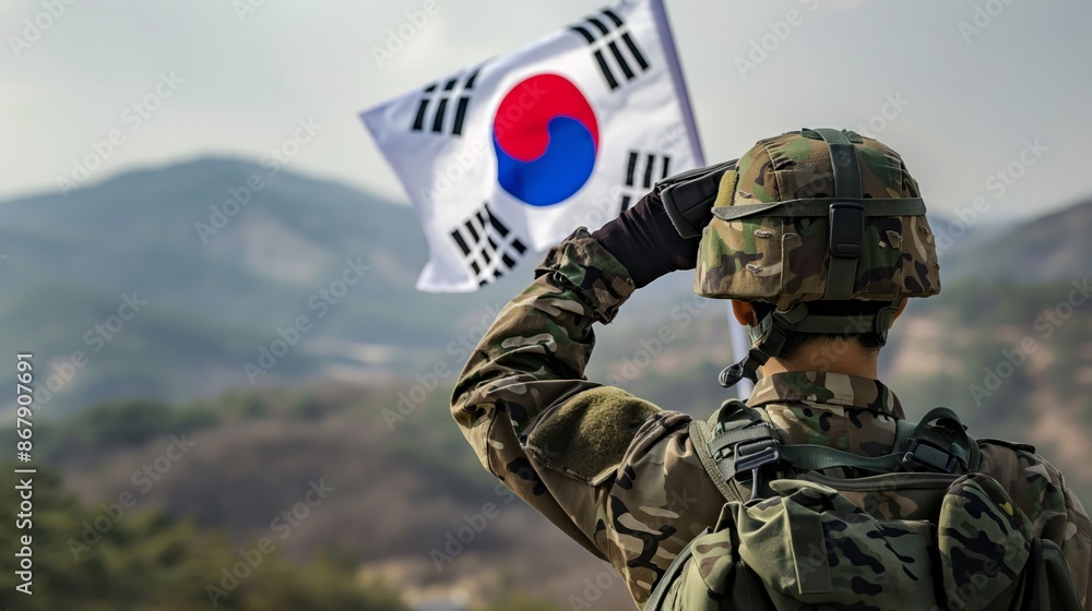 A soldier in camouflage uniform salutes the South Korean flag while standing on a hill overlooking a mountainous landscape.
