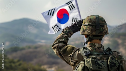 Obraz na płótnie A soldier in camouflage uniform salutes the South Korean flag while standing on a hill overlooking a mountainous landscape. w salonie
