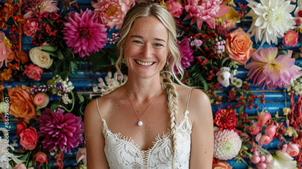A woman with long blonde hair styled in a braid smiles while standing in front of a vibrant floral backdrop wearing a white lace dress. A woman with long blonde hair styled in a braid smiles while standing in front of a vibrant floral backdrop wearing a white lace dress.