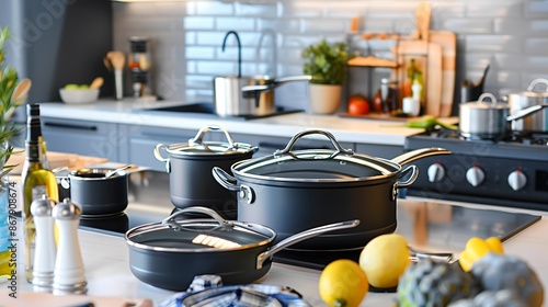 Premium cookware set including pots pans with nonstick surfaces beautifully arranged in a modern kitchen ready for gourmet cooking