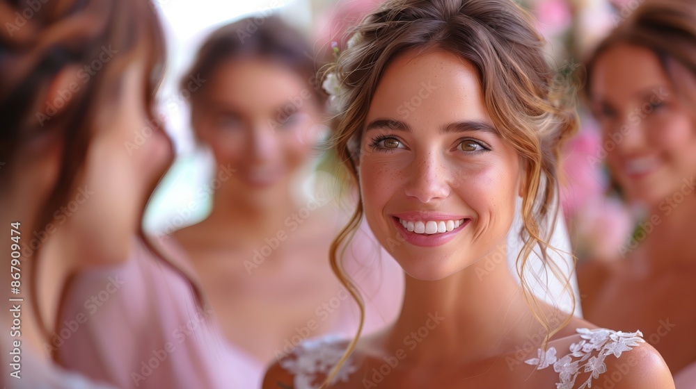 A beautiful bride, surrounded by her bridesmaids, stands in an intimate indoor setting. The bride wears a white lace wedding dress, and her friends are dressed in complementary attire. A beautiful bride, surrounded by her bridesmaids, stands in an intimate indoor setting. The bride wears a white lace wedding dress, and her friends are dressed in complementary attire.