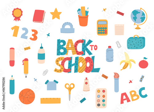 Back to School vector set. Cute funny educational supplies. Lettering and office stationery elements. Colorful hand drawn doodle illustrations collection