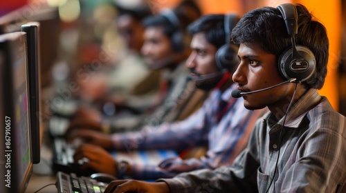 A group of young men work at a call center in India, wearing headsets and focusing on their computer screens. They are likely engaging in customer service or technical support.