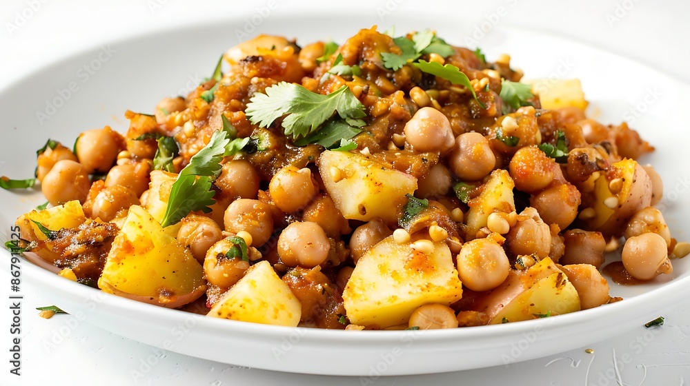 Sweet tangy chana chaat with chickpeas potatoes and tamarind chutney on a white background Sweet tangy chana chaat with chickpeas potatoes and tamarind chutney on a white background