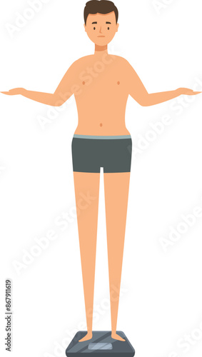 Young man is standing on a scale, looking concerned about his weight