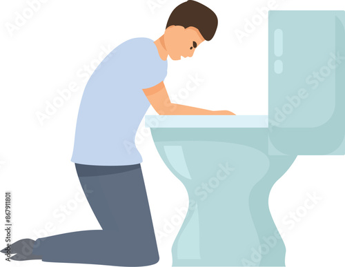 Sick young man is kneeling in front of the toilet, suffering from nausea