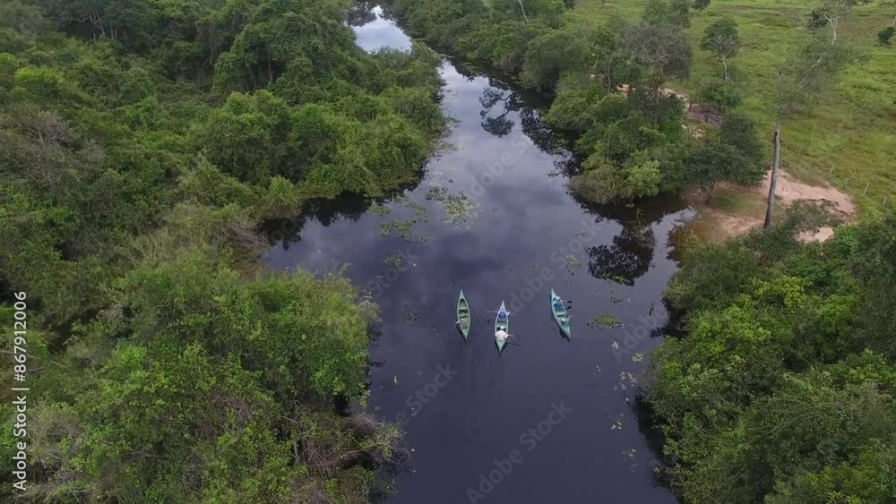 Aerial view of people kayaking on the Pantanal - Poconé, Mato Grosso, Brazil Aerial view of people kayaking on the Pantanal - Poconé, Mato Grosso, Brazil
