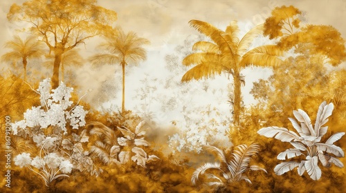 Botanical scene in Baroque style with gold and white hues