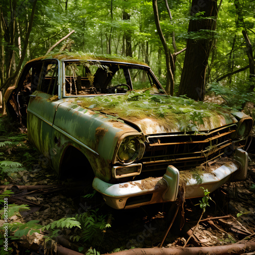 Resilience of Nature: Overgrown & Abandoned Car in a Forest Clearing © Surapol
