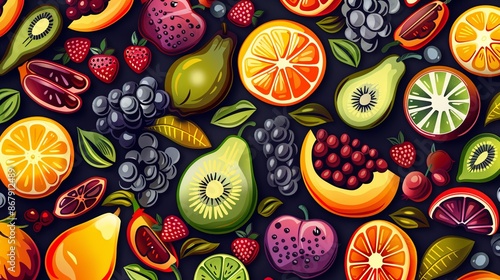 Wallpaper Mural A vibrant, colorful illustration of various fruits and vegetables, including oranges, kiwi, papaya, berries, and pears. Generative AI Torontodigital.ca