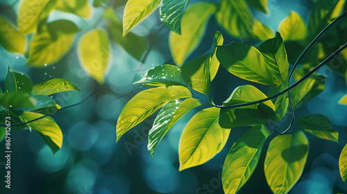 Green and yellow leaves on a tree branch, sunlight, Generative AI