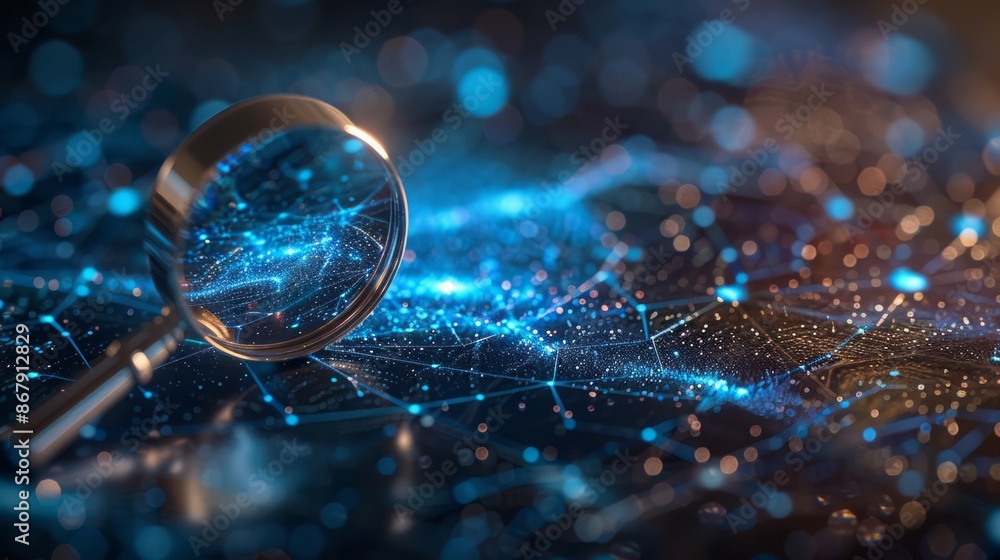 Magnifying Glass Focused on Abstract Digital Network with Blue Lights Magnifying Glass Focused on Abstract Digital Network with Blue Lights