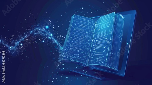 A low-poly wireframe image of an open book on a PC screen symbolizes online education. This abstract digital vector illustration represents online reading or courses with a blue background.