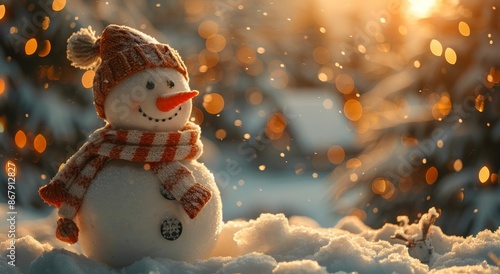 A Smiling Snowman Wearing a Red and White Scarf in the Snow During a Winter S...