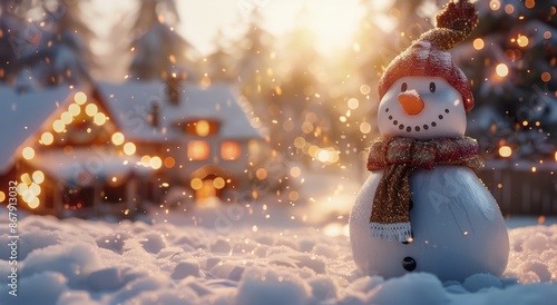 A Smiling Snowman Wearing a Red and White Scarf in the Snow During a Winter S...