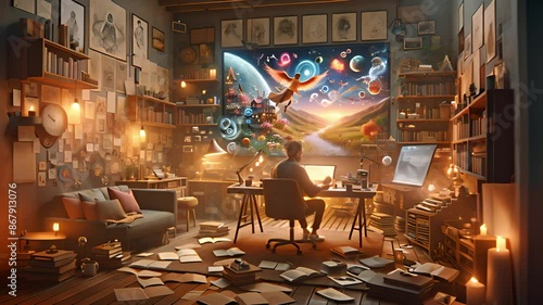 Enhance creativity in workspace with stunning display of fantasy digital art photo