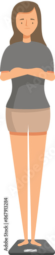 Young woman is standing on a weight scale, concerned about her body weight and health