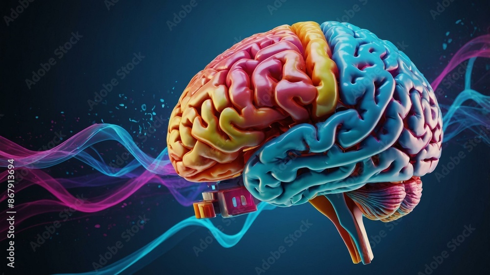 Colorful 3D digital rendering of human brain with neural networking concept for technology and medical innovation. Colorful 3D digital rendering of human brain with neural networking concept for technology and medical innovation.