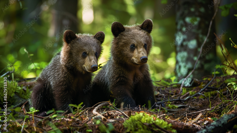 Two young brown bear cub in the forest, AI Generative. Two young brown bear cub in the forest, AI Generative.