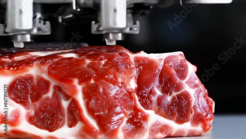 3D printing of meat using an industrial printer. Concept: innovative technologies in the food industry, artificial meat, sustainable nutrition. photo