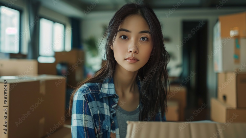 Young Asian woman moving into new home with her roommate and looking at camera Young Asian woman moving into new home with her roommate and looking at camera