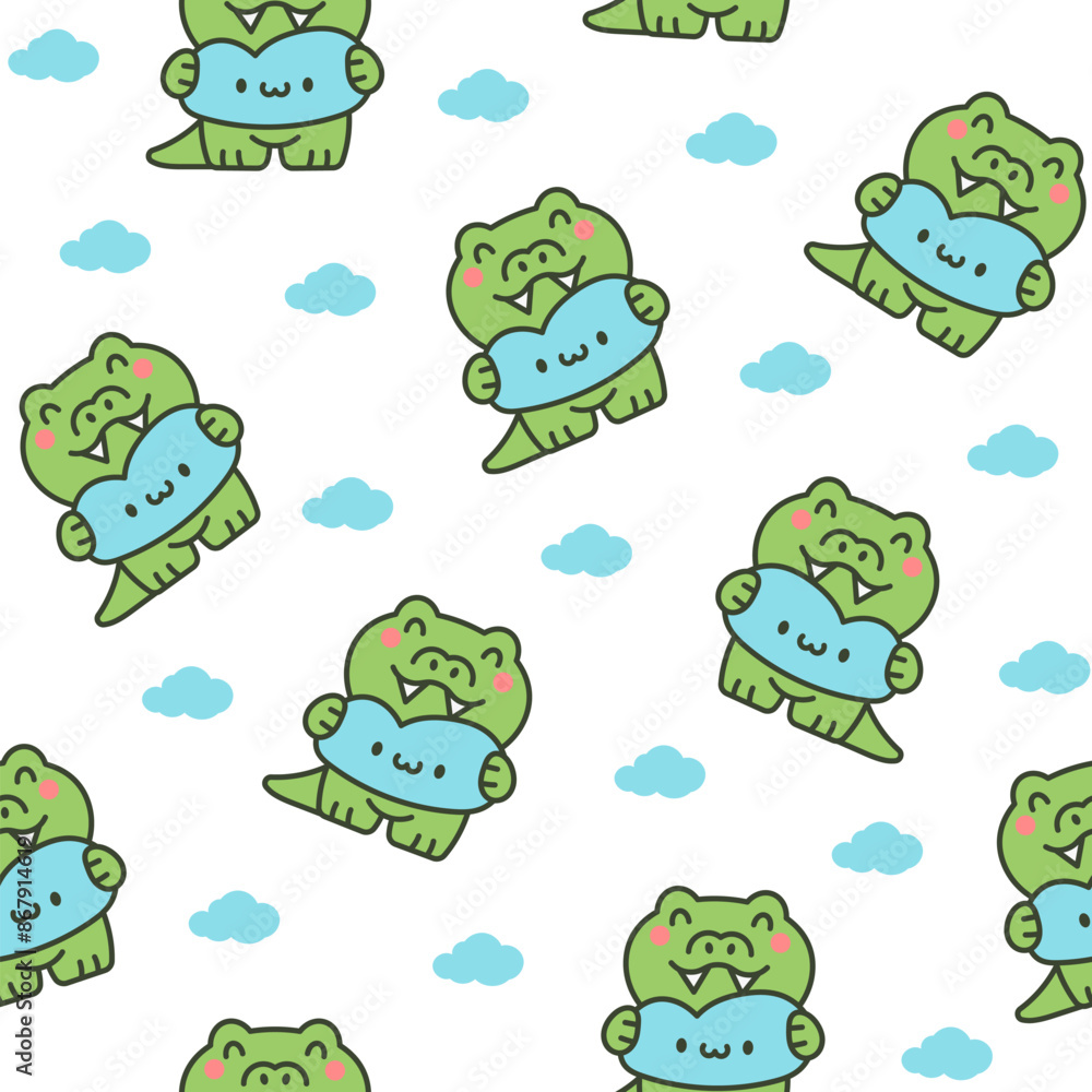 Funny crocodile character with happy face. Seamless pattern. Cartoon kawaii alligator. Hand drawn style. Vector drawing. Design ornaments. Funny crocodile character with happy face. Seamless pattern. Cartoon kawaii alligator. Hand drawn style. Vector drawing. Design ornaments.
