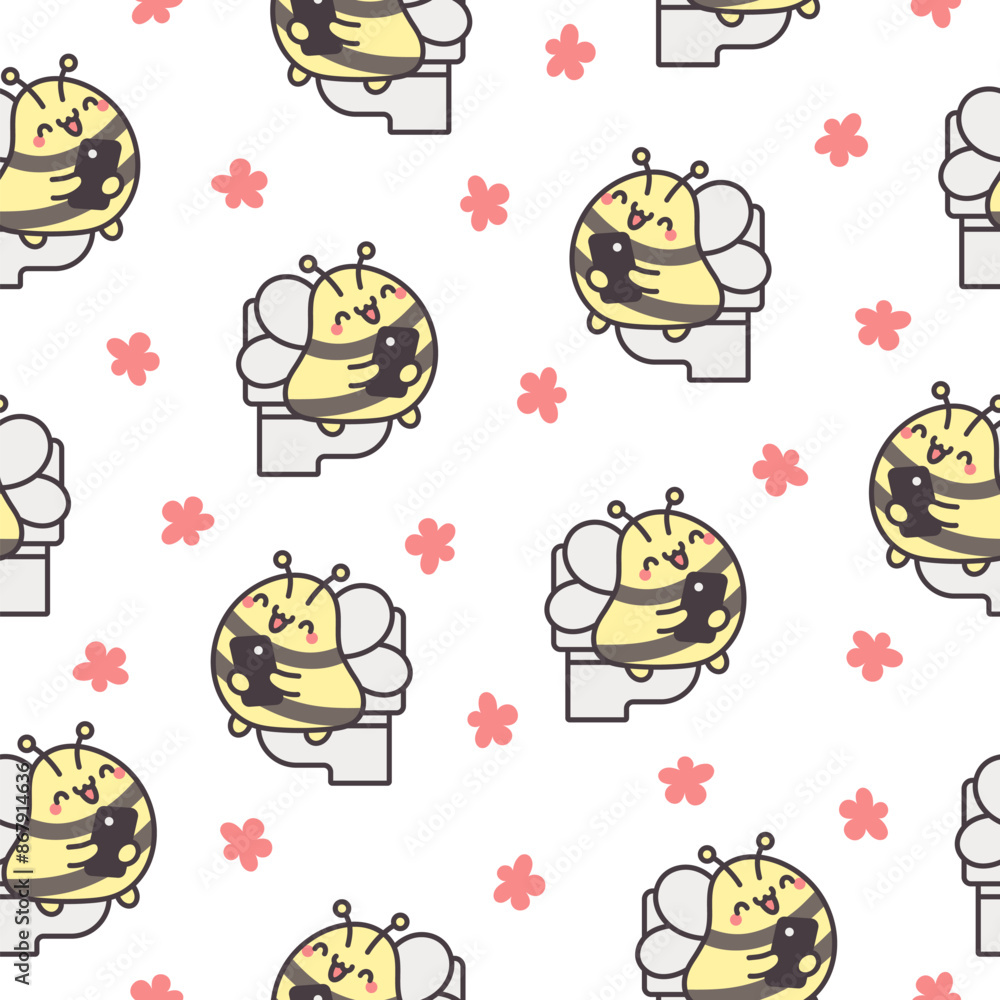 Fototapeta premium Cute animal pooping on toilet with phone. Seamless pattern. Funny cartoon characters. Hand drawn style. Vector drawing. Design ornaments.