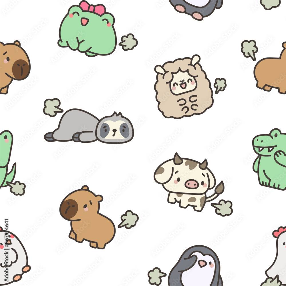 Obraz premium Cute and funny farting animals. Seamless pattern. Cartoon characters. Hand drawn style. Vector drawing. Design ornaments.