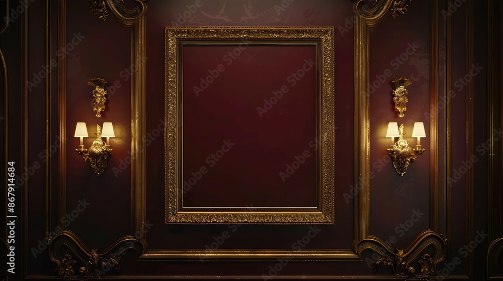 A detailed view of a golden frame on a rich burgundy wall, illuminated by elegant sconce lighting that emphasizes luxury and warmth A detailed view of a golden frame on a rich burgundy wall, illuminated by elegant sconce lighting that emphasizes luxury and warmth