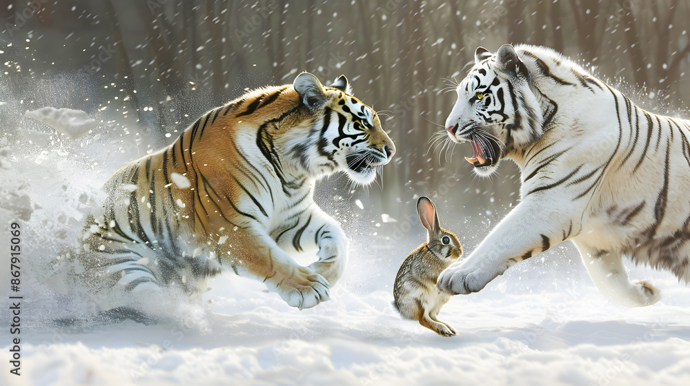 Obraz premium White Tiger Chasing Wild Rabbit at High Speed Through Snowy Wilderness Landscape