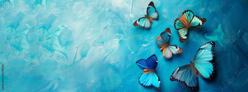 A mesmerizing composition featuring blue butterflies set against a soft background creates enchanting imagery A mesmerizing composition featuring blue butterflies set against a soft background creates enchanting imagery