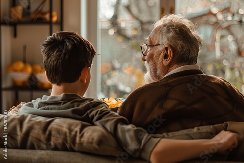 Grandfather and Grandson Watching Football on the Couch Together © V.Semeniuk