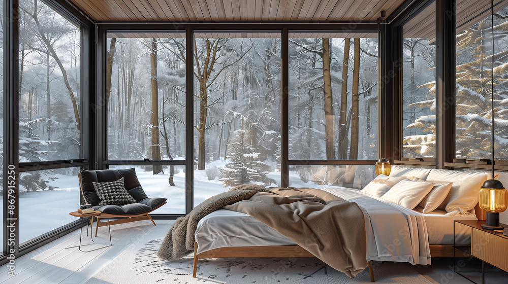 interior of a bedroom with large window showing snow outside interior of a bedroom with large window showing snow outside