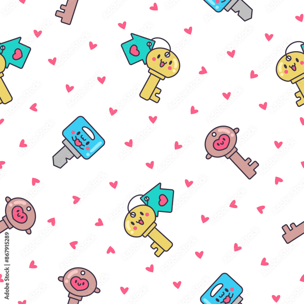 Naklejka premium Cute kawaii key. Seamless pattern. Funny cartoon character. Hand drawn style. Vector drawing. Design ornaments.