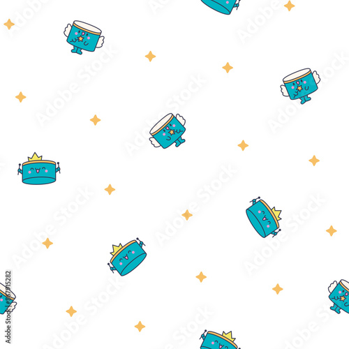 Cartoon kawaii drum character with sticks. Seamless pattern. Funny musical personage with drumsticks. Hand drawn style. Vector drawing. Design ornaments.