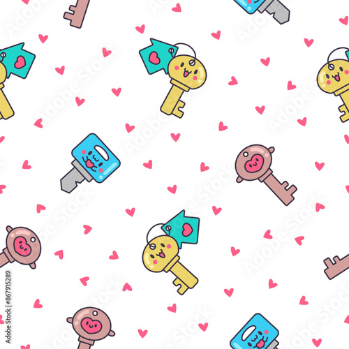 Cute kawaii key. Seamless pattern. Funny cartoon character. Hand drawn style. Vector drawing. Design ornaments.