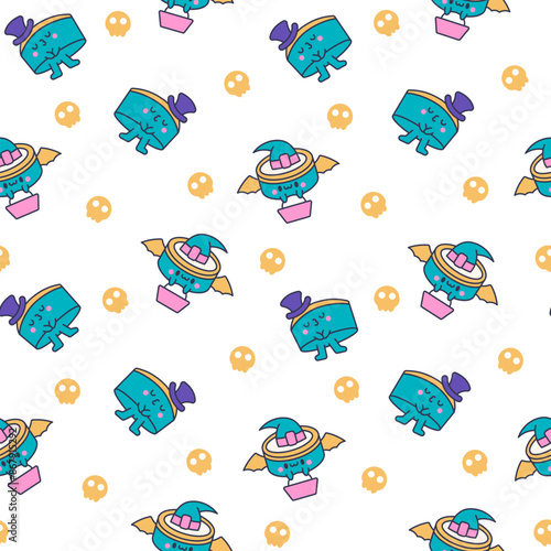 Cartoon kawaii drum character with sticks. Seamless pattern. Funny musical personage with drumsticks. Hand drawn style. Vector drawing. Design ornaments.