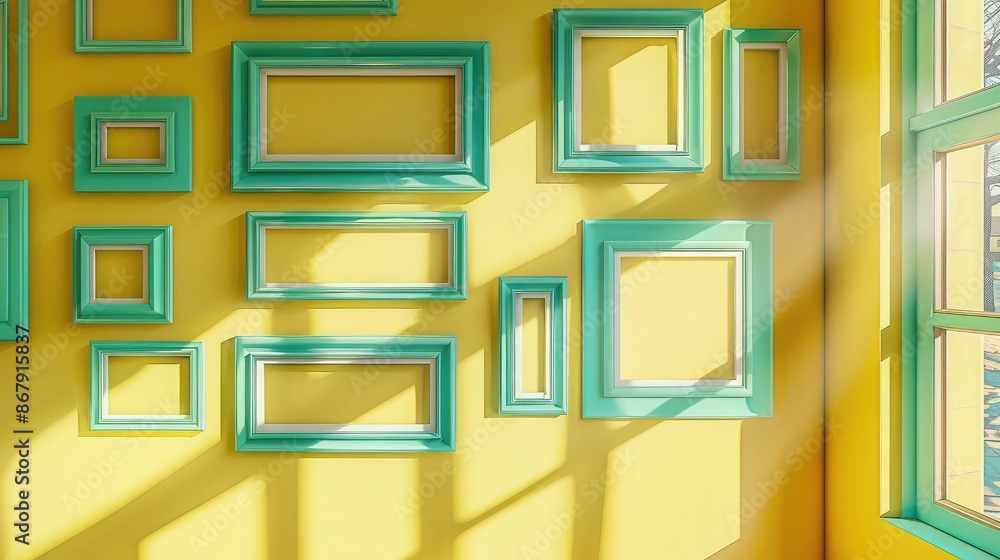 A vibrant art display featuring turquoise frames on a sunny yellow wall, each frame bathed in bright, natural light from gallery windows A vibrant art display featuring turquoise frames on a sunny yellow wall, each frame bathed in bright, natural light from gallery windows