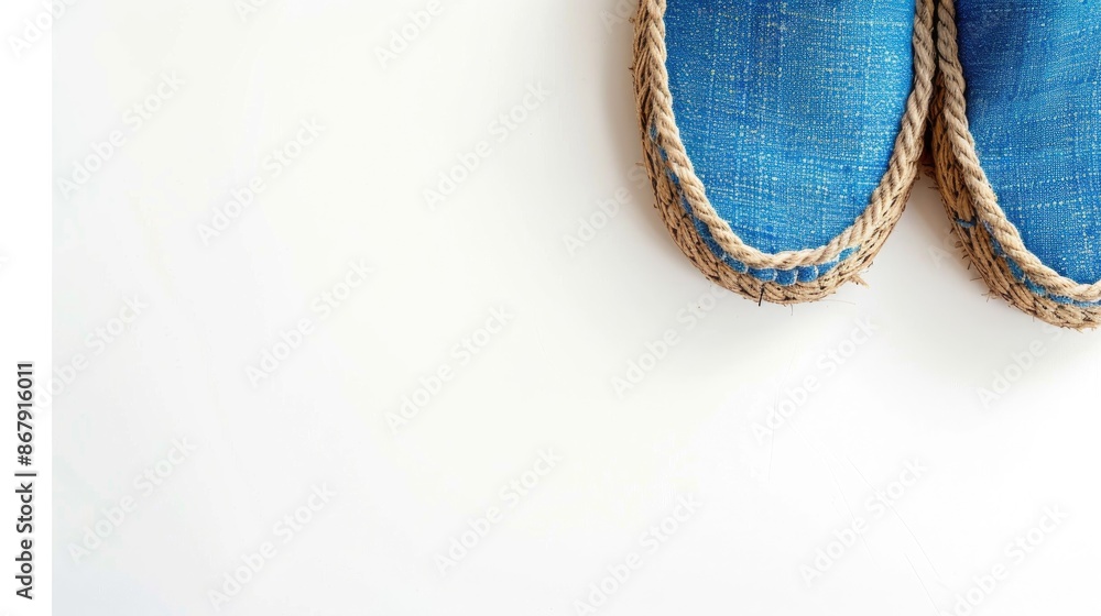 Blue espadrilles on white background with space for text Blue espadrilles on white background with space for text