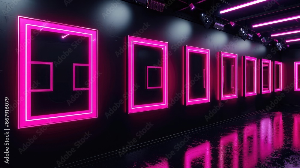 An art exhibit with glossy black walls showcasing neon pink frames, each one glowing under UV lights for a futuristic, vibrant effect An art exhibit with glossy black walls showcasing neon pink frames, each one glowing under UV lights for a futuristic, vibrant effect