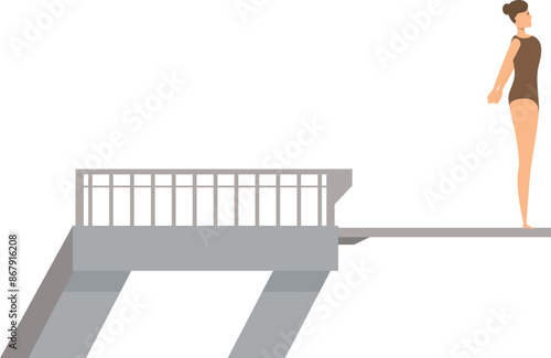 Female athlete is standing on the edge of a high diving board, preparing for a jump