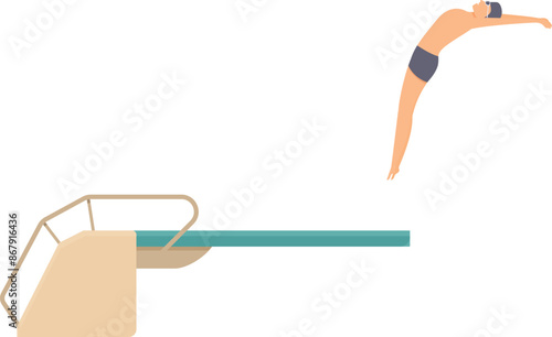 Professional athlete in swimsuit and swimming cap jumping from springboard during swimming competition